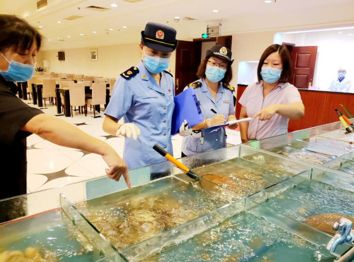 圖為順義區(qū)市場(chǎng)監(jiān)管局執(zhí)法人員檢查水產(chǎn)品、肉類等進(jìn)貨渠道。