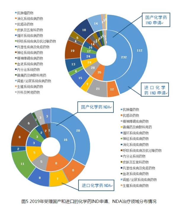 圖5 2019年受理國產和進口的化學藥IND申請、NDA治療領域分布情況