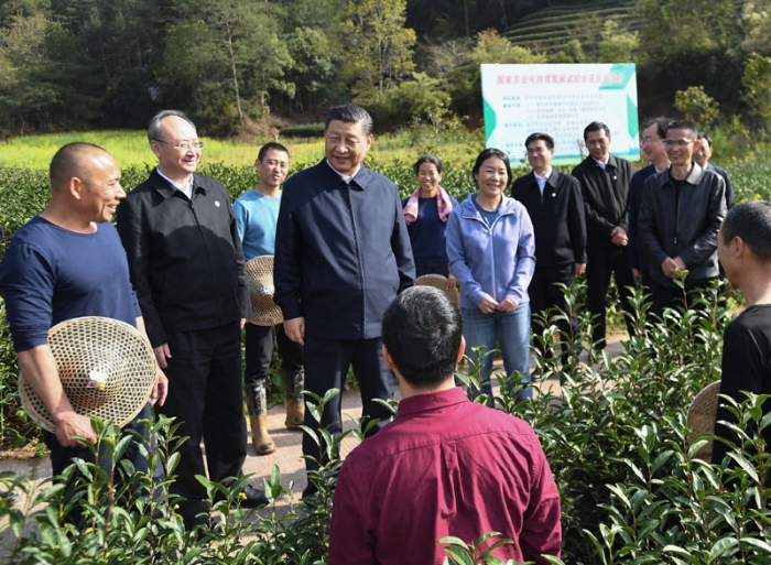 3月22日至25日，中共中央總書記、國家主席、中央軍委主席習近平在福建考察。這是22日下午，習近平在南平武夷山市星村鎮(zhèn)燕子窠生態(tài)茶園，同科技特派員、茶農親切交流，了解當地茶產業(yè)發(fā)展情況。新華社記者 燕雁 攝