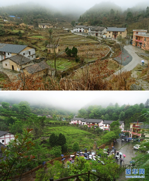 　△拼版照片：上圖為2016年1月31日拍攝的井岡山市茅坪鎮(zhèn)神山村；下圖為游客在井岡山市茅坪鎮(zhèn)神山村游覽參觀（2021年4月26日攝）。新華社記者 萬象 攝