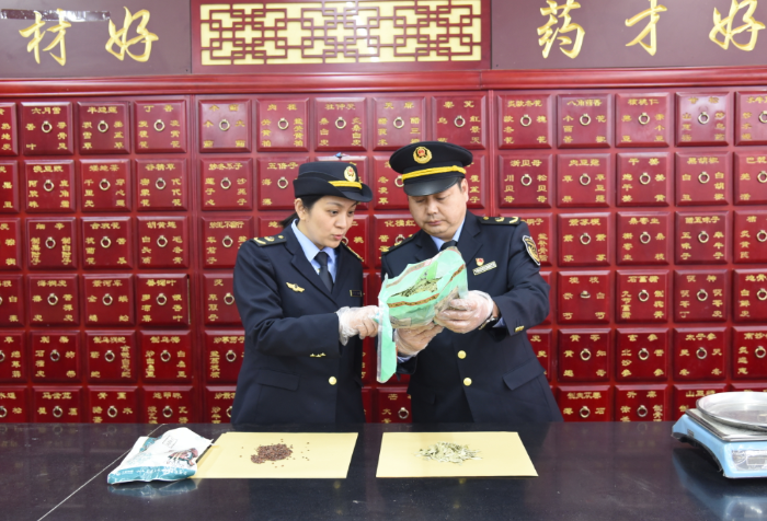 圖為開封市市場監(jiān)管部門執(zhí)法人員在一家藥品經(jīng)營企業(yè)檢查中藥飲片質量、標簽標識情況。